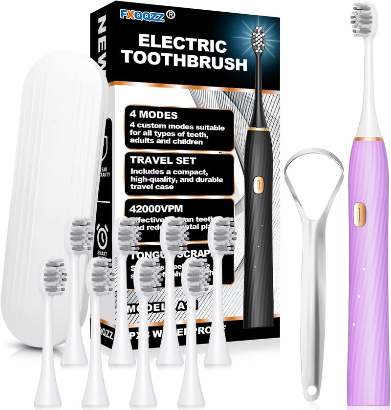 FXQQZZ Electric Toothbrush for Adults and Kids, with Tongue Scraper and Travel Case, 8 Brush Head, Smart Timer & 4 Modes Rechargeable Toothbrush, 42000 VPM Deep Clean, One Charge Last 90 Days - Purple - Image 1
